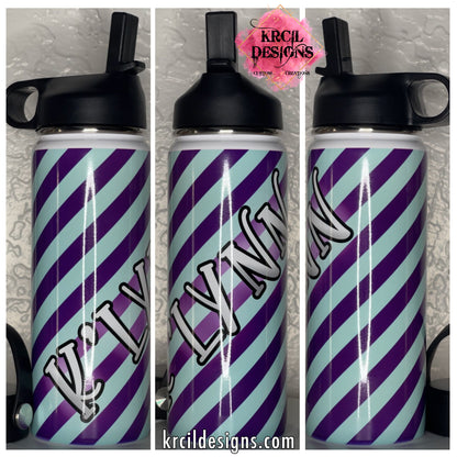 "The Diagonal Diva" Personalized Water Bottle by Krcil Designs | In violet purple and baby blue diagonal stripes. | Let our custom water bottles do the talking with our collection of personalized water bottles. Personalize It - add name, monogram, make a one-of-a-kind picture collage photo cup - the picture-perfect present! For the ultimate gift, add a t-shirt, or accessorize with a custom tote bag. Insulated stainless steel water bottles include 2 lids-wide mouth/flip top straw. KrcilDesigns.com