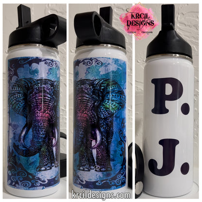 Elephant Personalized Water Bottle by Krcil Designs | Don't be the elephant in the room...It's not just any ordinary water bottle, it's "trunk-errific"! | Let our custom water bottles do the talking with our collection of personalized water bottles. Personalize It - add name, monogram. For the ultimate gift, add a t-shirt, or accessorize with a custom tote bag. Insulated stainless steel water bottles include 2 lids-wide mouth/flip top straw. KrcilDesigns.com