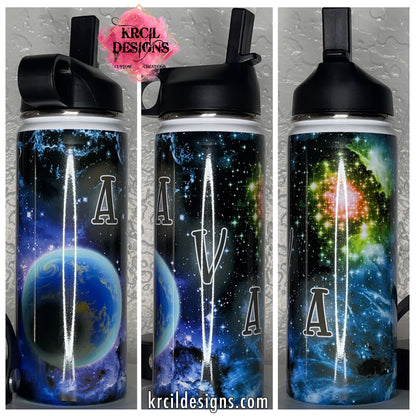 Explore the Stars | Galaxy Personalized Water Bottle by Krcil Designs | Get ready for an out-of-this-world universal masterpiece! With a cosmic pattern that'll leave you starstruck! | Let our custom water bottles do the talking with our collection of personalized water bottles. Personalize It - add name, monogram. For the ultimate gift, add a t-shirt, or accessorize with a custom tote bag. Insulated stainless steel water bottles include 2 lids-wide mouth/flip top straw. KrcilDesigns.com