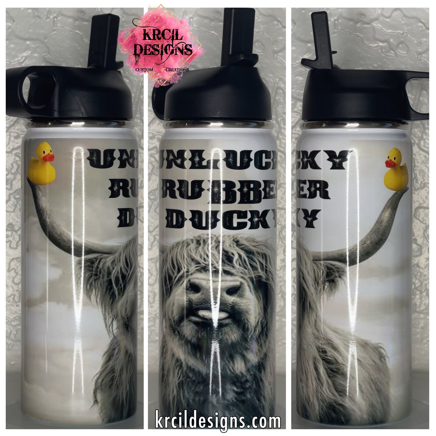 Unlucky Rubber Ducky Highland Cow Water Bottle by Krcil Designs | This custom water bottle features a highland cow, with a fluffy coat, its massive horns, and a rubber duck on each horn; you'll be laughing until the cows come home! Especially with the funny quote, "Unlucky Rubber Ducky"! This hydro water bottle is the ultimate in Highland Cow Gifts! Add a personal touch, add name, your favorite highland cow quote, for a one-of-a-kind personalized water bottle. Shop Highland Cow Gifts at KrcilDesigns.com