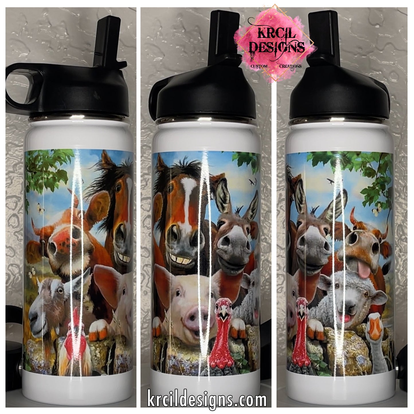 Silly Farm Animals Personalized Water Bottle by Krcil Designs | Our farm animal water bottle is the ultimate in hilarious hydration. Featuring the grinning faces of all your favorite barnyard pals! | Let our custom water bottles do the talking with our collection of personalized water bottles. Personalize It - add name, monogram. For the ultimate gift, add a t-shirt, or accessorize with a custom tote bag. Insulated stainless steel water bottles include 2 lids-wide mouth/flip top straw. KrcilDesigns.com