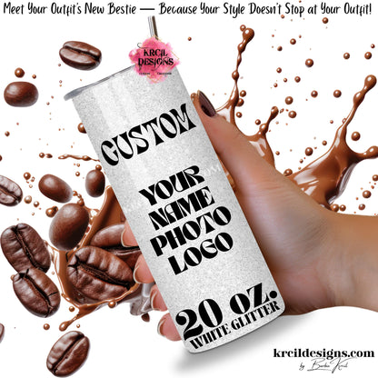 krcil designs design your own tumbler, 20oz white glitter custom cup, personalized photo and text collage, stainless steel insulated drinkware, name personalized gift, gillette wyoming