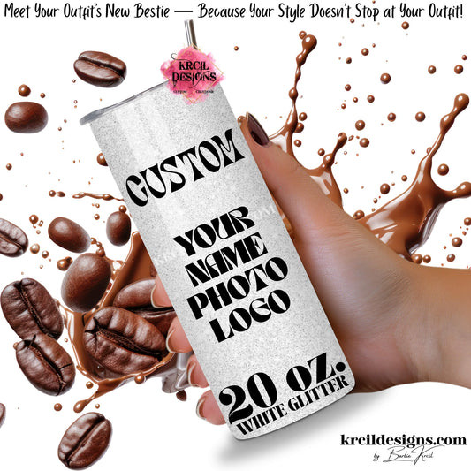 krcil designs design your own tumbler, 20oz white glitter custom cup, personalized photo and text collage, stainless steel insulated drinkware, name personalized gift, gillette wyoming
