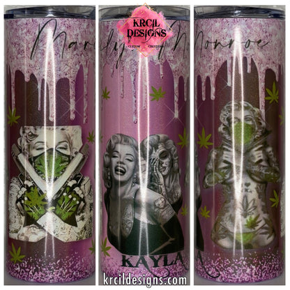 Rebel Marilyn Monroe with Guns, Tattoos, and Ganja Leaves Galore! Personalized Tumbler by Krcil Designs | Let our custom tumblers do the talking with our collection of personalized tumblers. Personalize It - add name, monogram, picture collage photo tumbler - the picture-perfect present! For the ultimate gift, add a t-shirt, or accessorize with a custom tote bag. Insulated stainless steel tumblers include a plastic slide top lid and metal or plastic straw. KrcilDesigns.com