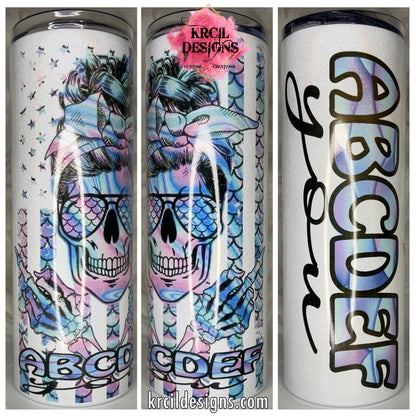 "ABCDEF you" Skull White Glitter Tumbler by Krcil Designs | Featuring a Skull with a Messy Bun, giving two middle fingers. | Let our custom tumblers do the talking with our collection of personalized tumblers. Personalize It - add name, monogram, picture collage photo tumbler - the picture-perfect present! For the ultimate gift, add a t-shirt, or accessorize with a custom tote bag. Insulated stainless steel tumblers include a plastic slide top lid and metal or plastic straw. KrcilDesigns.com