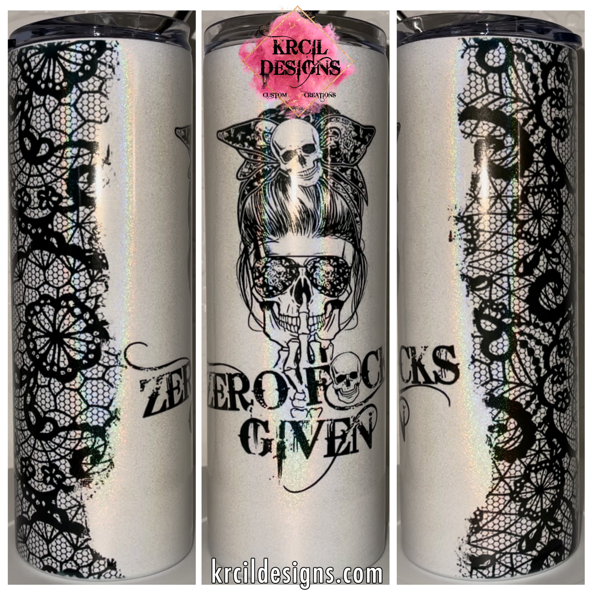 "ZERO FUCKS GIVEN" Skull Tumbler by Krcil Designs | Featuring a skull with a messy bun, giving the middle finger, adorned in black lace. | Let our custom tumblers do the talking with our collection of personalized tumblers. Personalize It - add name, monogram, picture collage photo tumbler - the picture-perfect present! For the ultimate gift, add a t-shirt, or accessorize with a custom tote bag. Insulated stainless steel tumblers include a plastic slide top lid and metal or plastic straw. KrcilDesigns.com