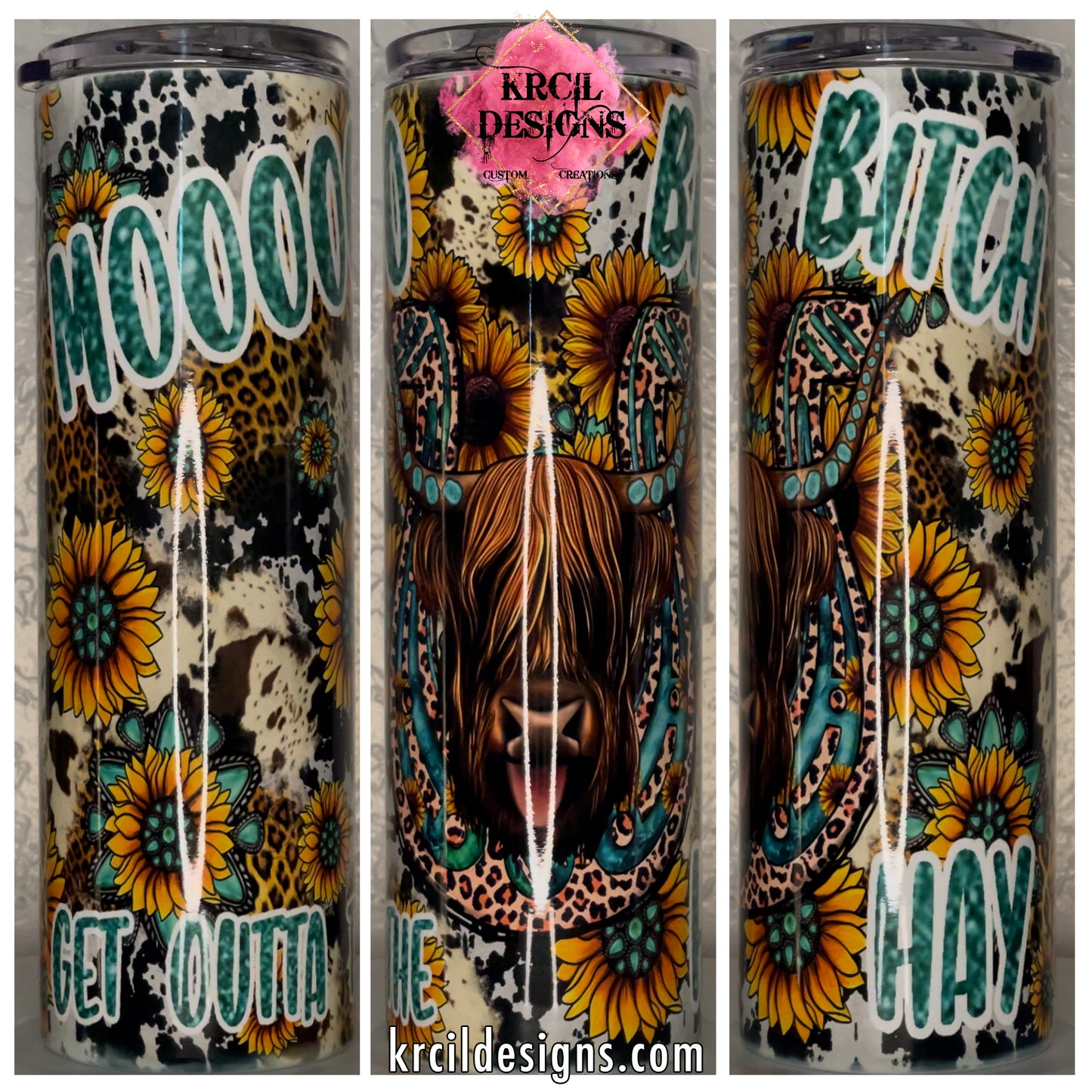 "MOO B GET OUTTA THE HAY" Tumbler by Krcil Designs | Featuring a Highland Cow, cheetah print horseshoe, sunflowers, turquoise gemstones. | Let our custom tumblers do the talking with our collection of personalized tumblers. Personalize It - add name, monogram, picture collage photo tumbler - the picture-perfect present! For the ultimate gift, add a t-shirt, or accessorize with a custom tote bag. Insulated stainless steel tumblers include a plastic slide top lid and metal or plastic straw. KrcilDesigns.com