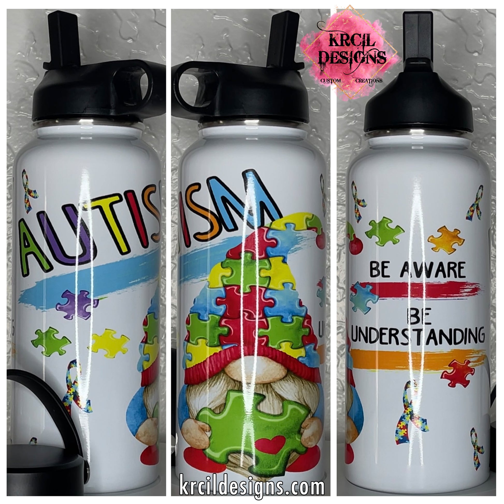 Autism Awareness Water Bottle by Krcil Designs | A gnome inspired water bottle that's perfect for spreading joy and promoting autism awareness. Featuring a colorful cheerful gnome wearing a puzzle-piece hat, surrounded by a cascade of puzzle pieces, and the autism puzzle-piece ribbon. | Let our custom water bottles do the talking with our collection of personalized water bottles. Personalize It - add name. Insulated stainless steel water bottles include 2 lids-wide mouth/flip top straw. KrcilDesigns.com