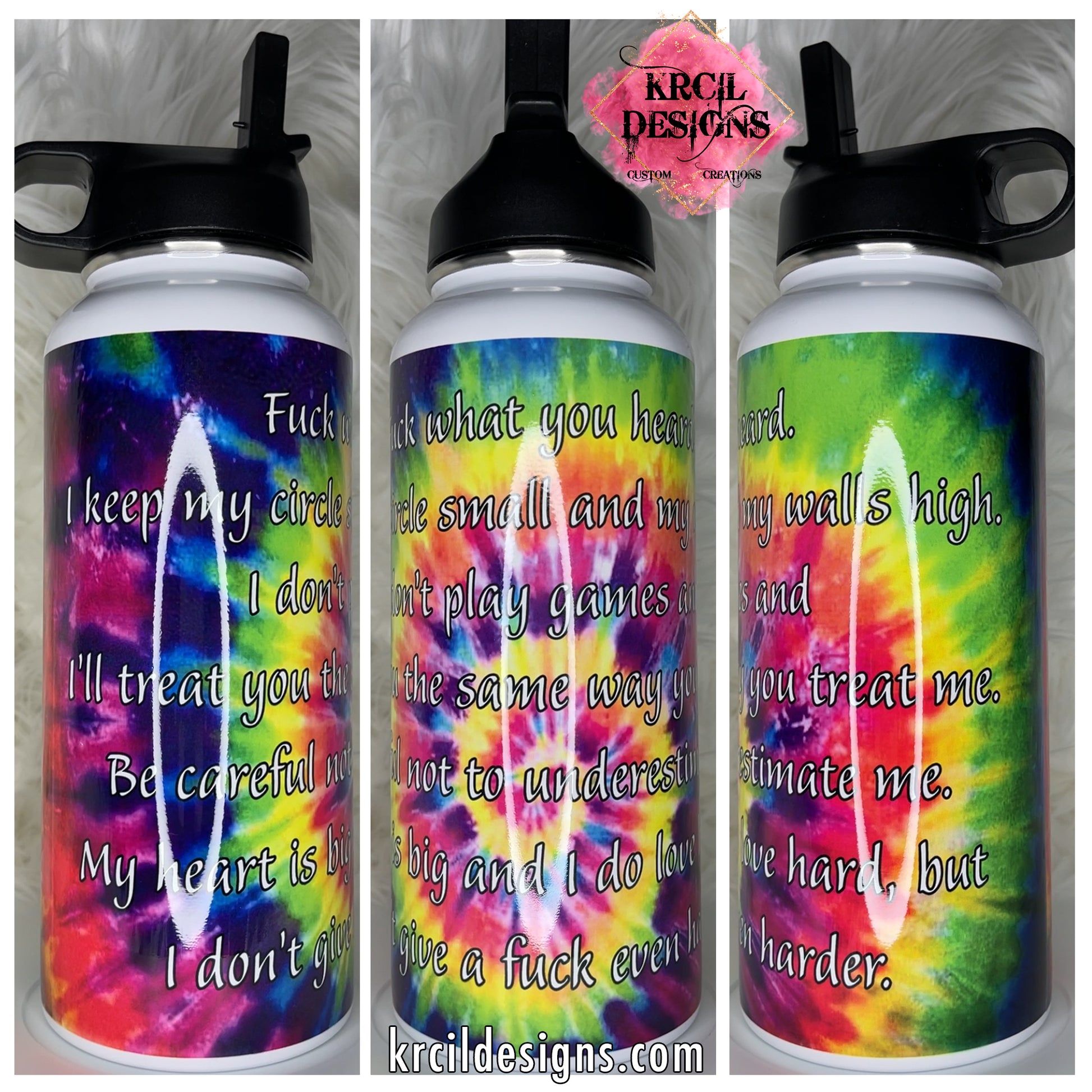 Groovy Tie-Dye Funny Quote Fuck Water Bottle by Krcil Designs | It's hippie vibes, it's tie-dye for real, baby! The groovy tie-dye pattern will make you feel like you're tripping on flower power. | Let our custom water bottles do the talking with our collection of personalized water bottles. Personalize It - add name, monogram. For the ultimate gift, add a t-shirt, or accessorize with a custom tote bag. Insulated stainless steel water bottles include 2 lids-wide mouth/flip top straw. KrcilDesigns.com