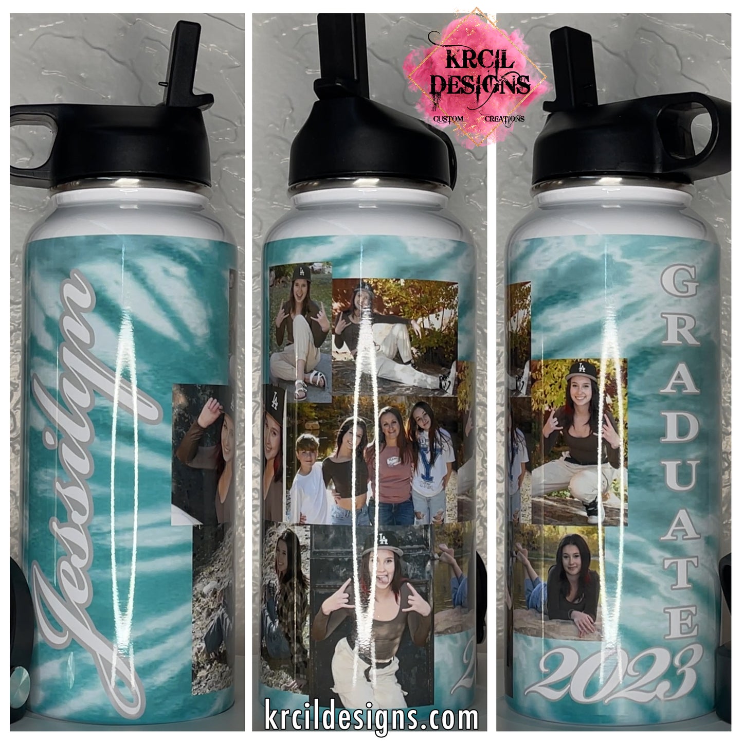 Graduate Water Bottle with Photo Collage by Krcil Designs | Show off your school spirit with our hydro water bottle! The perfect graduate gifts for a graduate! This custom water bottle features a photo collage of senior pictures, graduation year, name, add your own backdrop, school mascot, or school colors, for a one-of-a-kind personalized water bottle. Hydrate in style with our stainless steel water bottle—perfect for on-the-go hydration! H2O To Go! Shop Graduation Gifts at KrcilDesigns.com