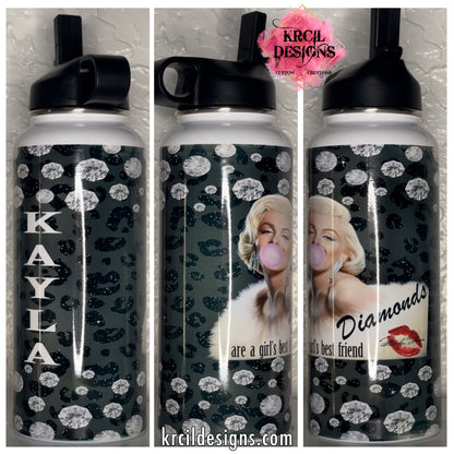 Diamonds Are A Girl's Best Friend -Marilyn Monroe Water Bottle by Krcil Designs | Shine Bright Like A Diamond with our Marilyn Monroe Water Bottle—made for Marilyn Monroe Lovers! This hydro water bottle has the Diamonds Quote. This custom water bottle has a black cheetah print backdrop, wrapped in diamonds, features Marilyn and her signature lips! Add a personal touch, add name, your favorite Marilyn Monroe quote, for a one-of-a-kind personalized water bottle. Shop Marilyn Monroe Gifts at KrcilDesigns.com