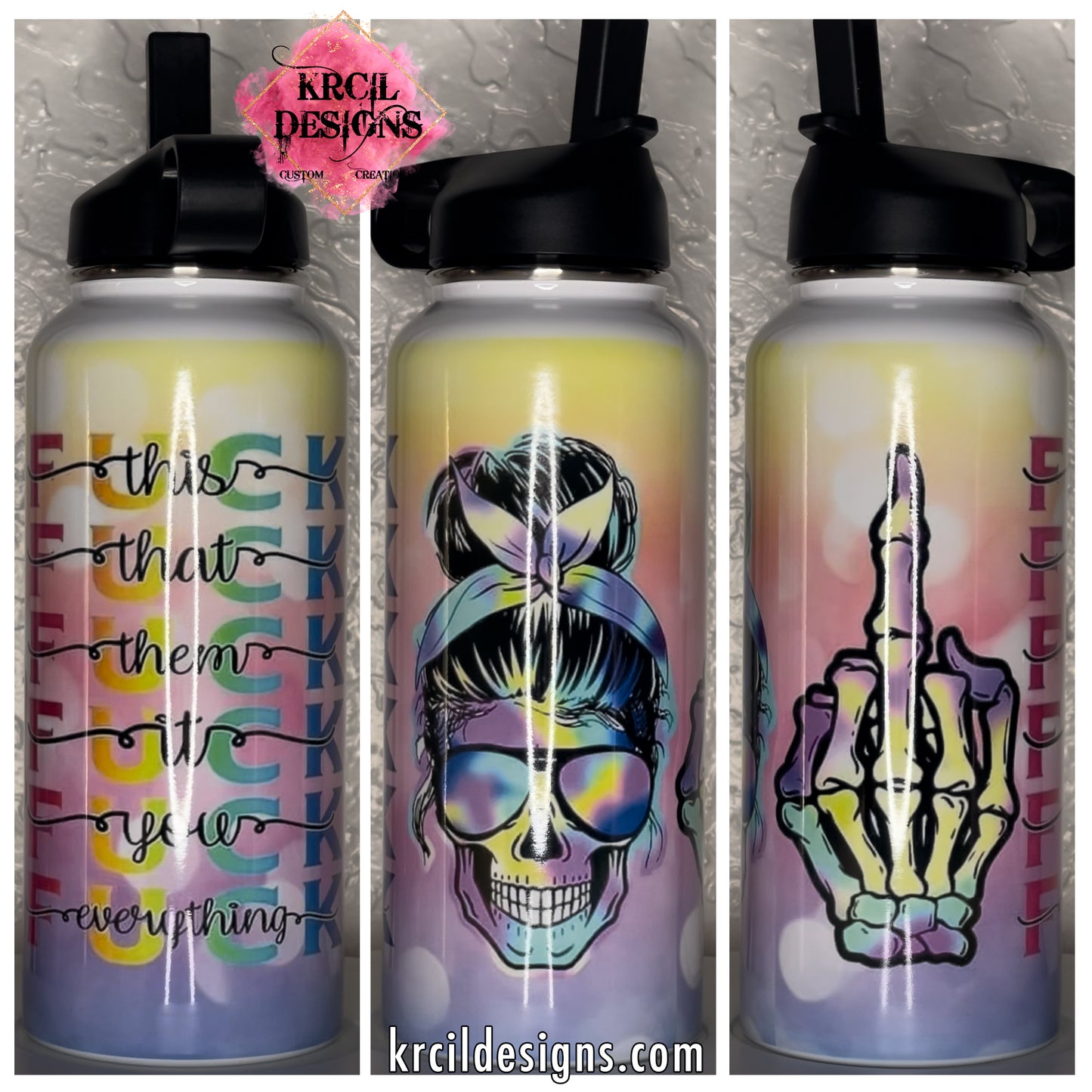 F This F That Skull Water Bottle by Krcil Designs | Our edgy custom water bottle featuring a badass skull wearing shades, rocking a messy bun, a rebellious skeleton hand giving the middle finger, an ombre pastel color backdrop. This hydro water bottle is made for the skull lover in your life! Add a personal touch, add name, your favorite skull quotes, for a one-of-a-kind personalized water bottle. Shop Skull Gifts at KrcilDesigns.com