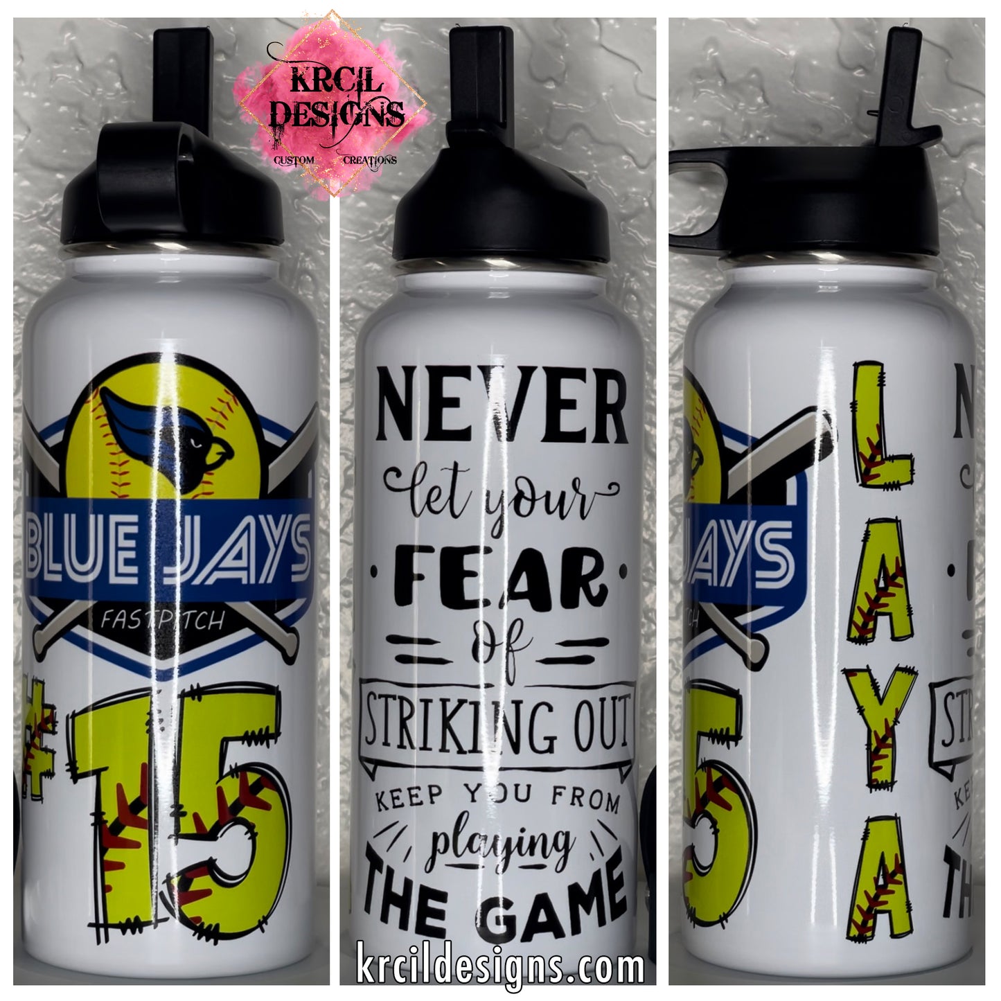 "BLUE JAYS" Fastpitch Softball Personalized Water Bottle by Krcil Designs | Step up to the plate - it's time to show your opponents that you're not only a fashionista, but who's the real MVP on the field! Personalize It - add name, number. | Let our custom water bottles do the talking with our collection of personalized water bottles. For the ultimate gift, add t-shirt, or accessorize with a custom tote bag. Insulated stainless steel water bottles include 2 lids-wide mouth/flip top straw. KrcilDesigns.com