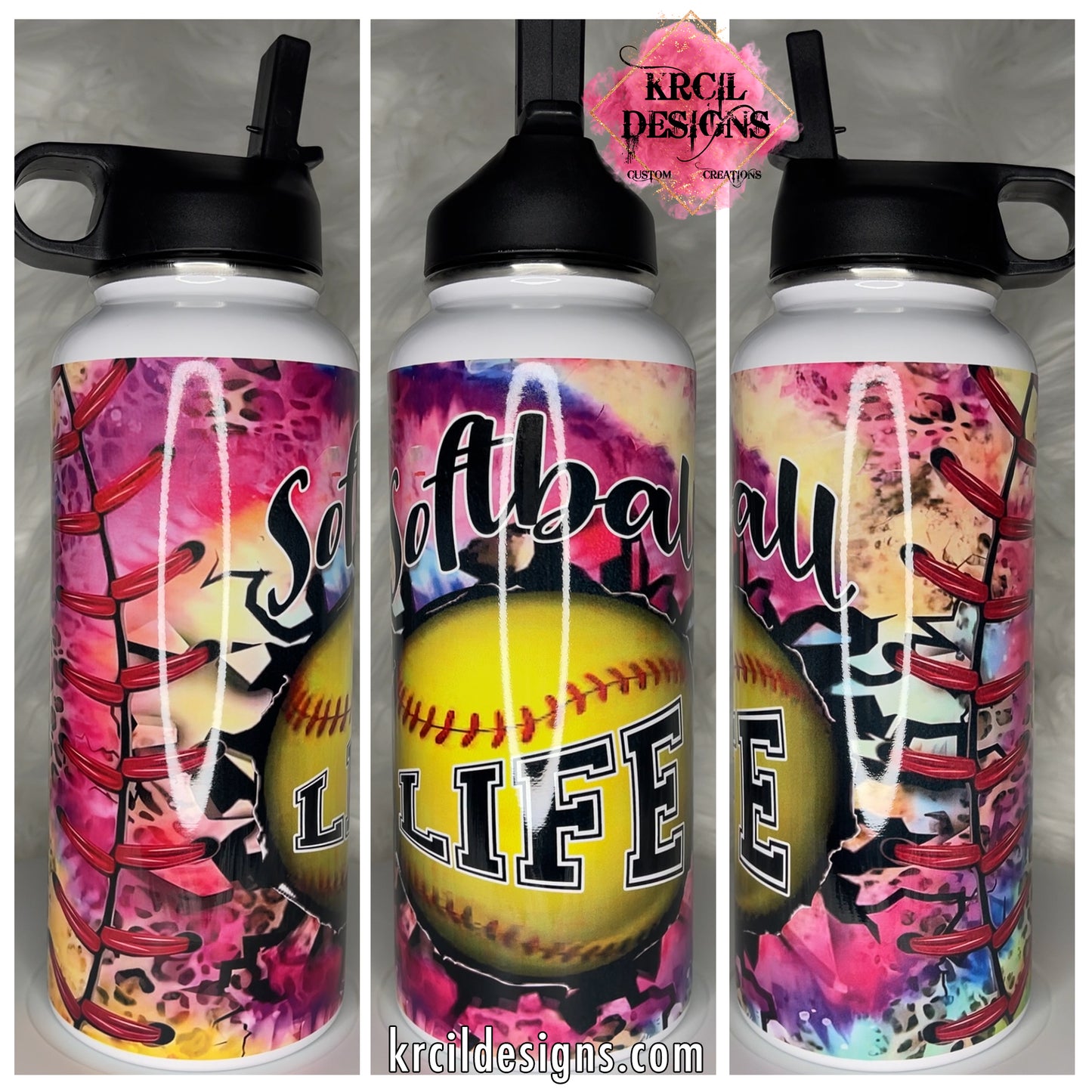 "Softball Life" Water Bottle by Krcil Designs | Softball Superstars? Say hello to the MVP of hydration gear! Tie-dye, cheetah print, and it's ready to bring your fashionista side to every game. | Let our custom water bottles do the talking with our collection of personalized water bottles. Personalize It - add name, monogram. For the ultimate gift, add a t-shirt, or accessorize with a custom tote bag. Insulated stainless steel water bottles include 2 lids-wide mouth/flip top straw. KrcilDesigns.com