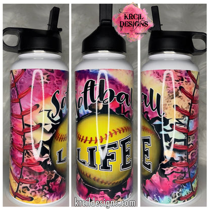 "Softball Life" Water Bottle by Krcil Designs | Softball Superstars? Say hello to the MVP of hydration gear! Tie-dye, cheetah print, and it's ready to bring your fashionista side to every game. | Let our custom water bottles do the talking with our collection of personalized water bottles. Personalize It - add name, monogram. For the ultimate gift, add a t-shirt, or accessorize with a custom tote bag. Insulated stainless steel water bottles include 2 lids-wide mouth/flip top straw. KrcilDesigns.com