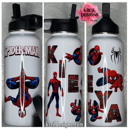 Spider-Man Personalized Water Bottle by Krcil Designs | Spider-Man fans, are you ready to "web" your thirst? We're here to save the day! Swing into hydration with your friendly neighborhood hero. | Let our custom water bottles do the talking with our collection of personalized water bottles. Personalize It - add name, monogram. For the ultimate gift, add a t-shirt, or accessorize with a custom tote bag. Insulated stainless steel water bottles include 2 lids-wide mouth/flip top straw. KrcilDesigns.com