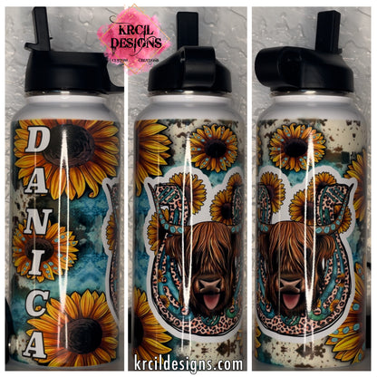 Cowhide Print, Horseshoe, Highland Cow, Sunflower Water Bottle by Krcil Designs | This custom water bottle has a highland cow nestled in a cheetah print horseshoe, sunflowers, turquoise, and cowhide print as the backdrop! We're not trying to butter you up, but it's the cream of the crop! This hydro water bottle is the ultimate in Highland Cow Gifts! Add a personal touch, add name, your favorite highland cow quote, for a one-of-a-kind personalized water bottle. Shop Highland Cow Gifts at KrcilDesigns.com