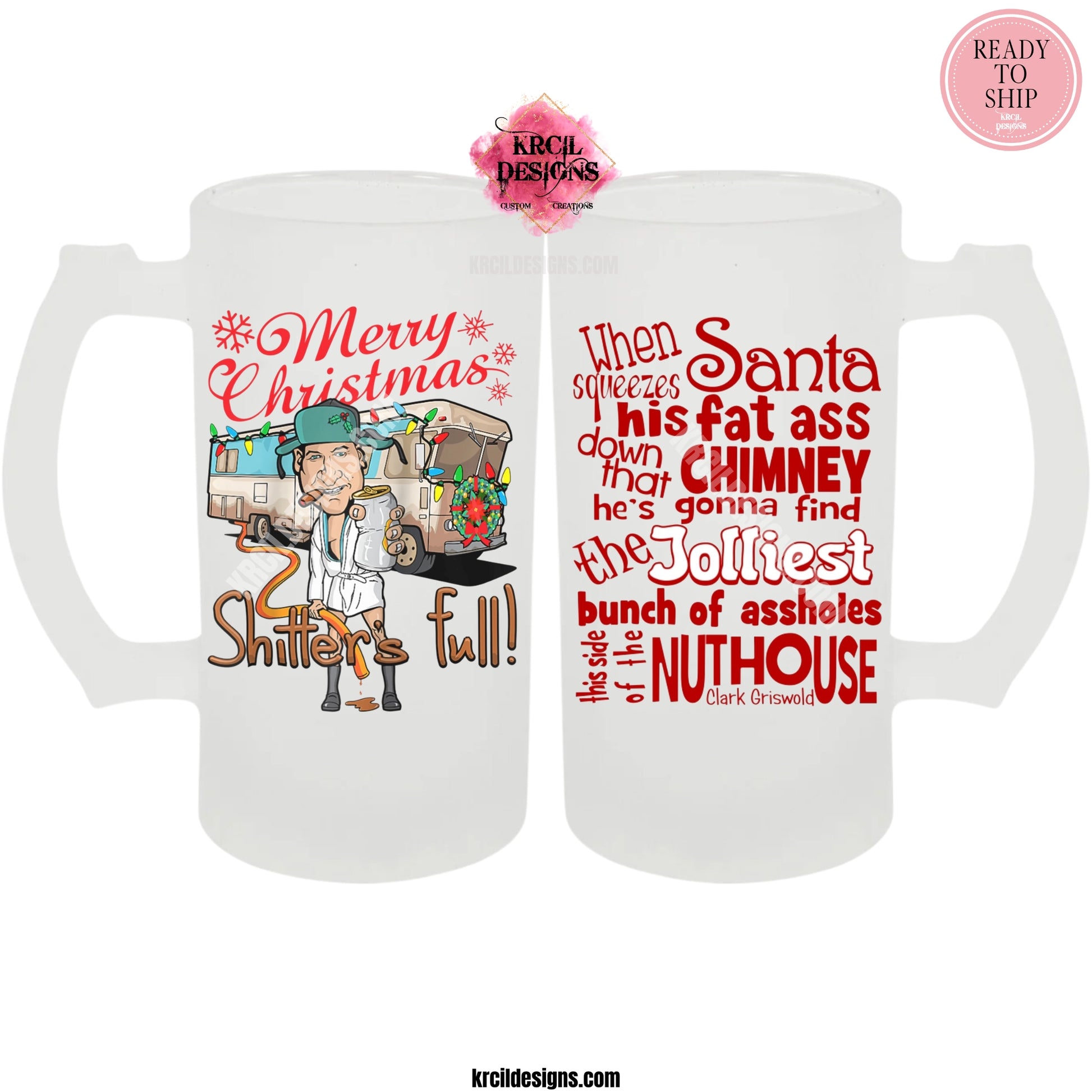 Christmas Vacation Beer Stein by Krcil Designs | Unwrap the gift of laughter with the unforgettable Cousin Eddie, in his signature white bathrobe and trooper hat, cigar in hand, holding his beer, featuring his iconic unforgettable "RV from Hell" dumping the sewage waste, "Merry Christmas, Shitter's Full!" Our waffle weave dish cloth tea towel sets, pair perfectly with our custom personalized beer stein mugs. Explore our sets and bundles options for gift ideas. KrcilDesigns.com