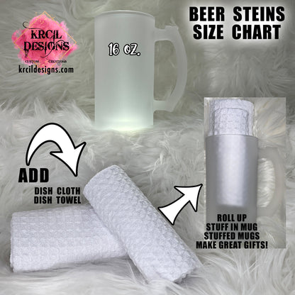 Beer Steins Size Chart | Celebrate unforgettable moments and special occasions with our custom personalized beer steins, perfect for the man cave or the dad in your life. Pair them with your favorite bottle of liquor and put them in a basket for the ultimate gift. Don't forget to add the matching dish cloth tea towel set! Explore our sets and bundles options for gift ideas. Perfect for Father's Day, birthdays, and holidays. Raise a glass to unforgettable moments! Bottoms up! KrcilDesigns.com