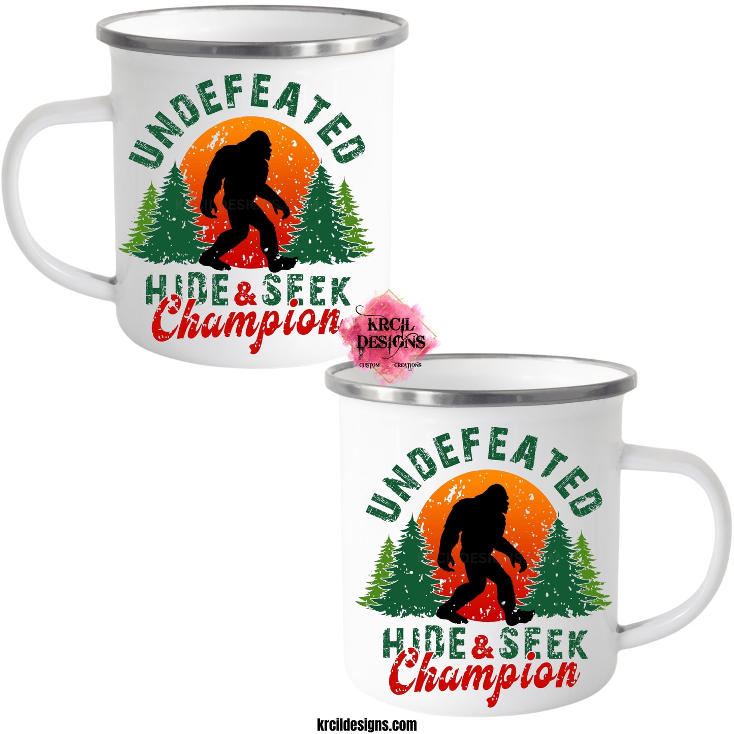 Sasquatch aka Bigfoot Camp Mug "Undefeated Hide & Seek Champion" Metal Enamel Mug by Krcil Designs | Let our custom coffee cups do the talking with our collection of personalized coffee cups. Personalize It - add name, monogram, make a one-of-a-kind picture collage photo cup - the picture-perfect present! Add our dish cloth and tea towel set, perfectly paired with our cups and mugs. For the ultimate coffee lovers gift, explore our sets and bundles. KrcilDesigns.com