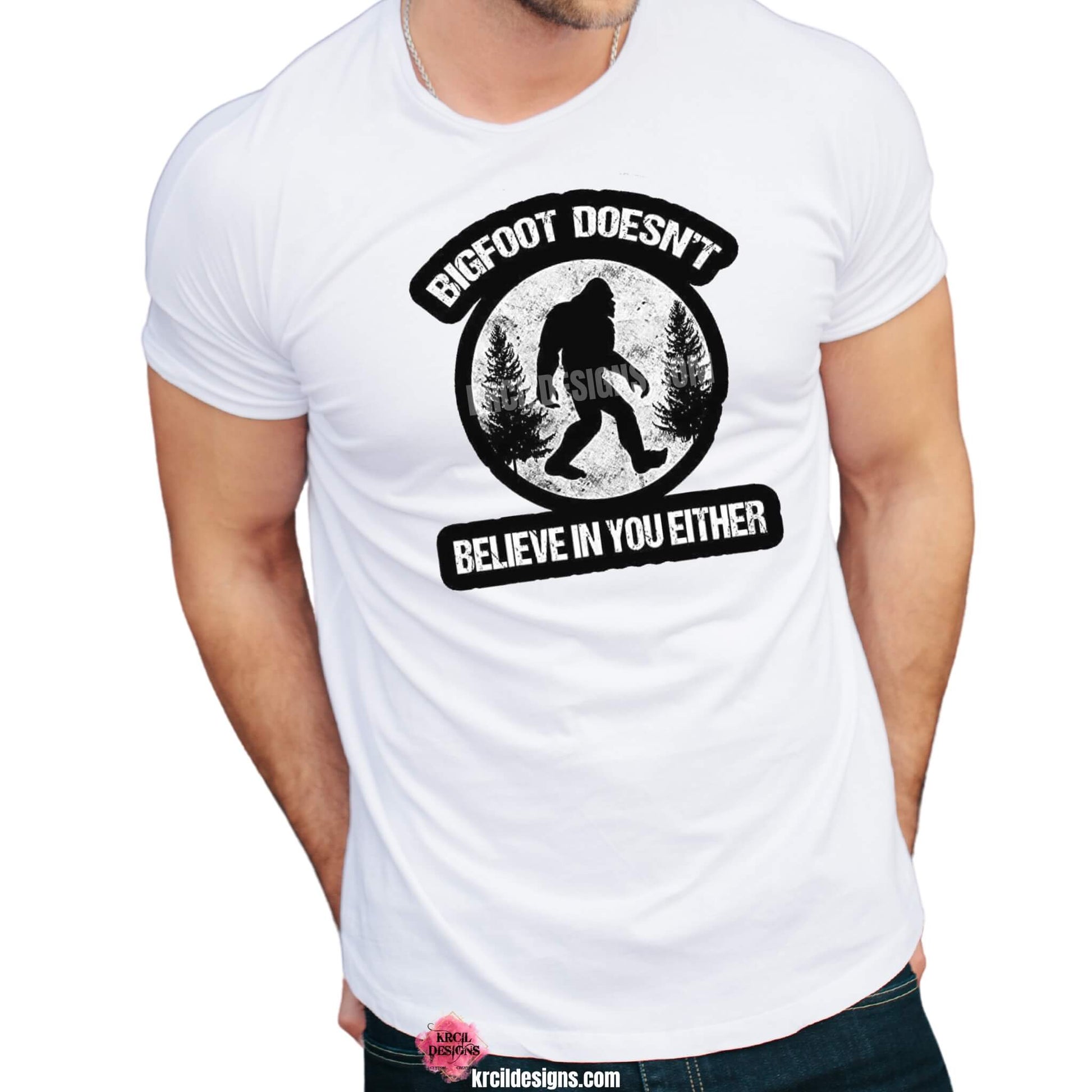 Show off your sense of humor with our Sasquatch T-Shirt "Bigfoot Doesn't Believe In You Either" Bigfoot T-Shirt by Krcil Designs! Featuring Bigfoot! The Bigfoot Tee that's a conversation starter at the Bigfoot Festival or on Bigfoot Day. Don't miss the fun — grab your Sasquatch Tee before it disappears into the woods! Give the gifts for Bigfoot lovers that make them roar with laughter! Keep the Bigfoot Legend Alive! Sasquatch: The Legend of Bigfoot! Shop Bigfoot Gifts at KrcilDesigns.com