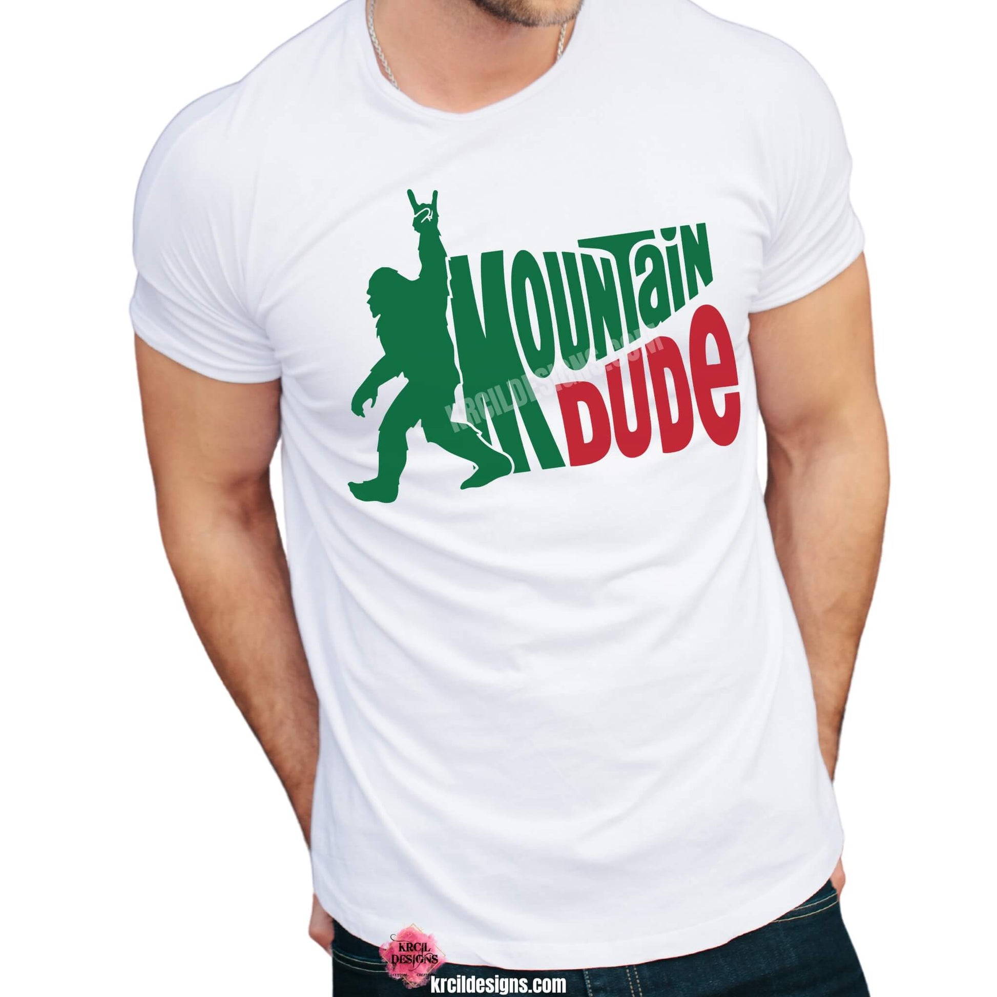 Show off your sense of humor with our Rock-On Sasquatch T-Shirt "MOUNTAIN DUDE" Bigfoot T-Shirt by Krcil Designs! Featuring Sasquatch giving you a Rock-On sign. The Bigfoot Tee that's a conversation starter at the Bigfoot Festival or on Bigfoot Day. Don't miss the fun — grab your Sasquatch Tee before it disappears into the woods! Give the gifts for Bigfoot lovers that make them roar with laughter! Keep the Bigfoot Legend Alive! Sasquatch: The Legend of Bigfoot! Shop Bigfoot Gifts at KrcilDesigns.com