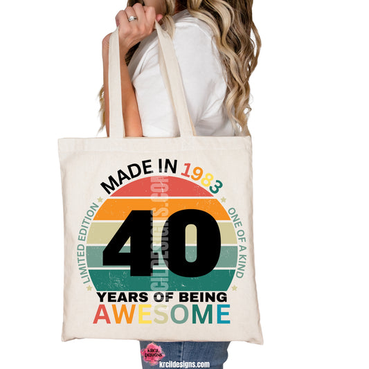 Limited Edition Made in [YEAR] with [AGE] Birthday Tote Bag by Krcil Designs | Get ready to party like it's your birthday with our awesome Limited Edition Birthday Custom Shirts & Totes! This baby is one-of-a-kind, just like you! Rocking the iconic Made in [YEAR] label celebrates [AGE] years of being awesome, it's a must-have for all your birthdays! Psst...Here's a bonus tip: It's not just a birthday tote; it's a fantastic gift for milestone birthdays. Shop Birthday Totes at KrcilDesigns.com