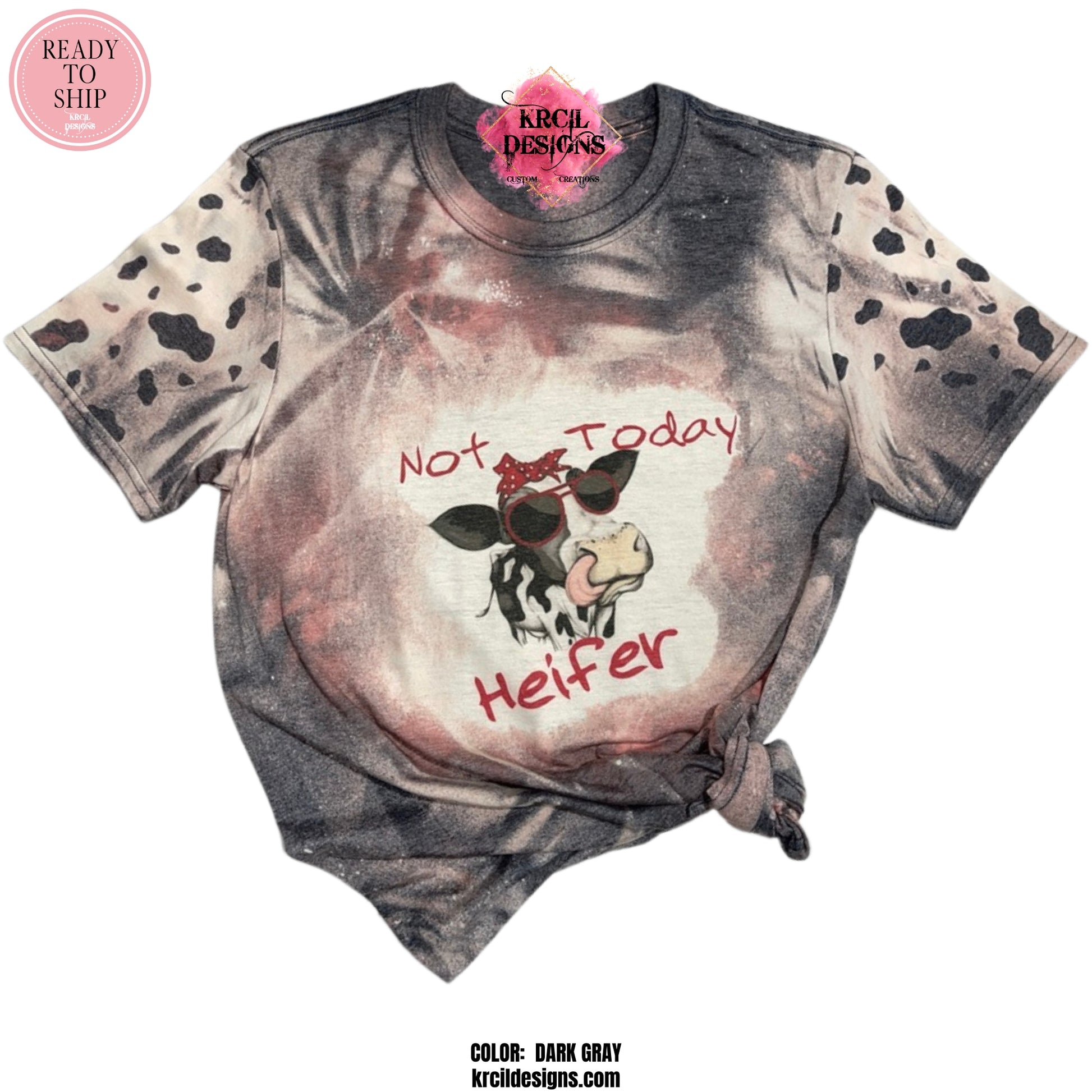 "NOT TODAY HEIFER" Bleached Custom T-Shirt by Krcil Designs. | Featuring our Silly Cow with a red and white polka dot bow and shades. | Design Your Own T-Shirt with Krcil Designs! | Custom T-Shirts, picture tees, photo t-shirts, sarcastic funny tees, special occasions, holidays and birthday t-shirts, bride to be bride tribe tees. Brand your business with our business logo t-shirts. Our unisex t-shirts are soft and cozy. Give the ultimate gift, add a cup, accessorize with a custom tote bag! KrcilDesigns.com