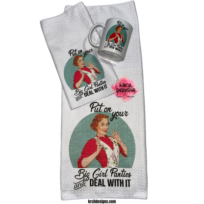 "Put on your Big Girl Panties and DEAL WITH IT" Retro Housewives Sets and Bundles by Krcil Designs | Step back in time with our retro housewives collection, complete with a sarcastic twist. You'll be cleaning up in true retro housewife style-with a smile, a laugh, and a whole lotta sass! Spice up your kitchen with our waffle weave dish cloth tea towel set, perfectly paired with our custom personalized coffee cups and mugs. For the ultimate coffee lovers gift, explore our sets and bundles. KrcilDesigns.com