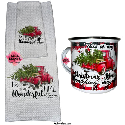 "It's the Most Wonderful Time of the Year" Christmas Sets and Bundles by Krcil Designs | Imagine your kitchen transformed into a winter wonderland with our holiday kitchen towel set, complete with the iconic Christmas Red Truck, hauling a Christmas tree, its bed adorned with rustic wood railings. Spice up your kitchen with our waffle weave dish cloth tea towel sets, perfectly paired with our custom personalized coffee cups and mugs. Explore our sets and bundles options for gift ideas. KrcilDesigns.com