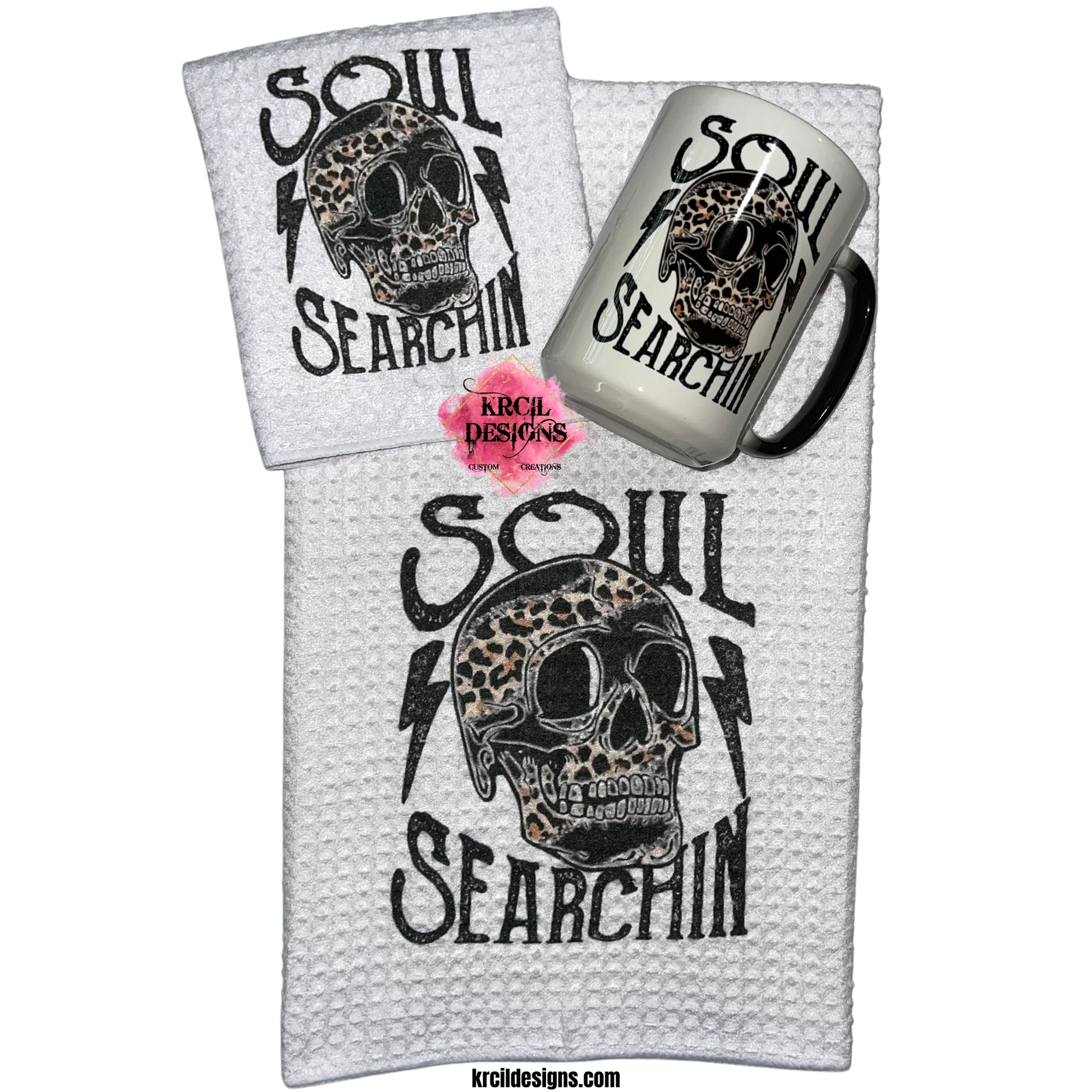 Skulls and Cheetah Print "Soul Searchin" Sets and Bundles by Krcil Designs | Spice up your kitchen with our waffle weave dish cloth and dish tea towel sets, perfectly paired with our custom personalized coffee cups and mugs. Personalize It - add name, monograms. For the ultimate coffee lovers gift, explore our sets and bundles. KrcilDesigns.com