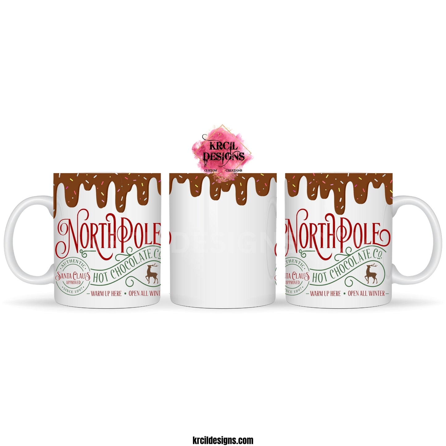 "Santa Claus Approved North Pole Hot Chocolate" Mug | Christmas Coffee Cup by Krcil Designs | Indulge in the magic of the season with each sip, you'll be transported to the enchanting North Pole and filled with holiday cheer. | Let our custom coffee cups do the talking with our collection of personalized coffee cups. Personalize It - add name. Add our dish cloth and tea towel set, perfectly paired with our cups and mugs. For the ultimate coffee lovers gift, explore our sets and bundles. KrcilDesigns.com