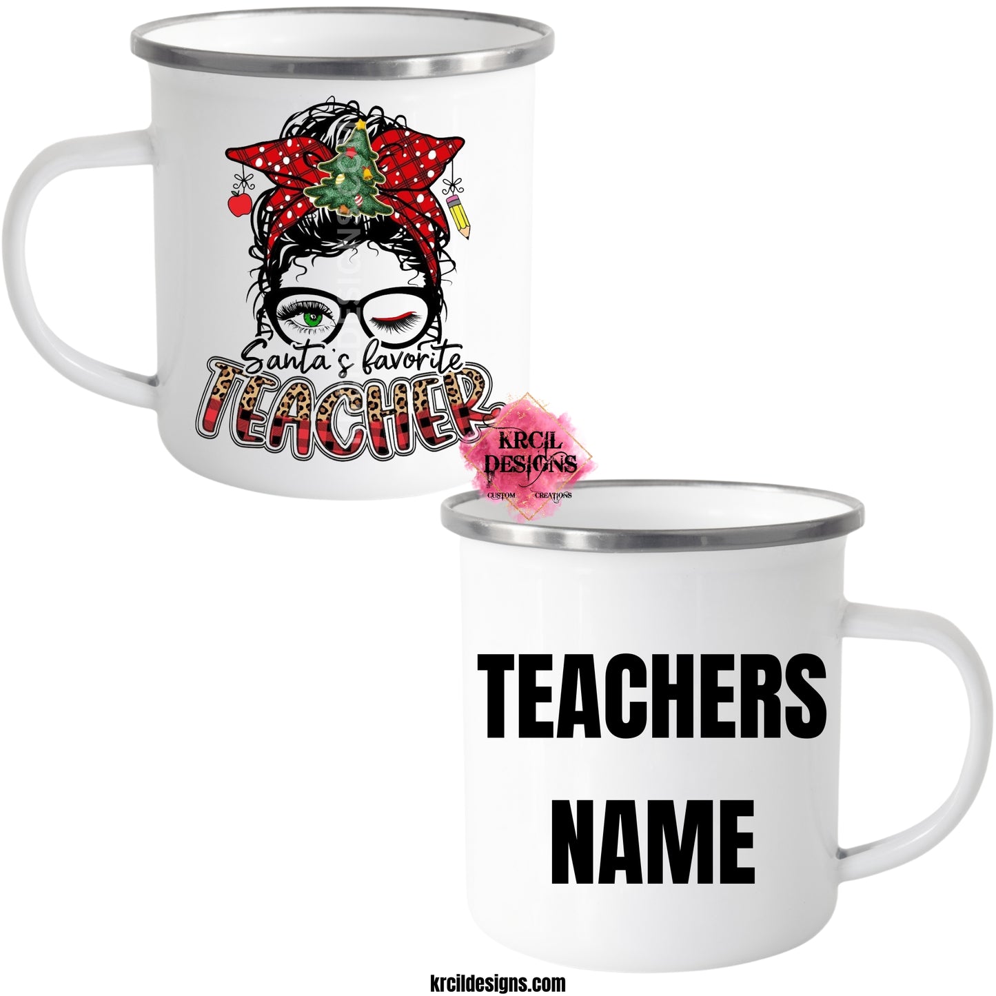 Santa's Favorite Teacher Christmas Mug | Personalized Mug by Krcil Designs | Meet Santa's Favorite Teacher! She's all dressed up with a curly hair bun, twinkling Christmas lights, festive ornaments, and a Christmas bow. Plus, she adds an extra sparkle with her stylish glasses. She's the embodiment of holiday cheer, spreading warmth and knowledge throughout the season! KrcilDesigns.com