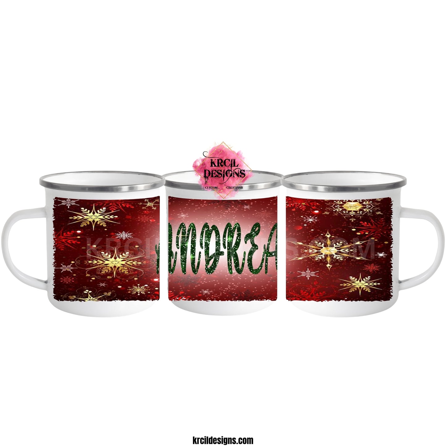 Your Name Twinkling Christmas Mug | Personalized Mug by Krcil Designs | This Christmas mug has a vibrant Christmas red backdrop, intricate snowflakes, golden Christmas stars, setting the stage for a magical holiday season. Your name, in Christmas green faux glitter letters, adds a personalized touch that's absolutely gorgeous. Whether you're sipping hot cocoa, coffee, tea, or favorite holiday beverage, get ready to be captivated by the beauty of the Christmas season! KrcilDesigns.com