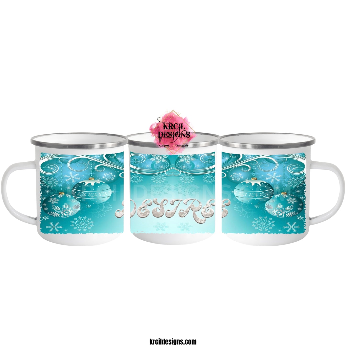 Your Name Winter Wonderland Christmas Mug | Personalized Mug by Krcil Designs | Picture a turquoise winter wonderland, glistening ornaments, delicate snowflakes, elegant scrolls, all beautifully framing your name in silver faux glitter letters. Each sip from this mug is a journey into a wintery dream. Whether you're sipping hot cocoa, coffee, or your favorite festive brew, this mug is a reminder that the most wonderful time of the year is here! KrcilDesigns.com