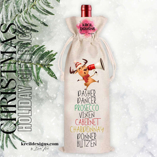 Funny Christmas Gifts Santa's Reindeer Names with Prosecco, Cabernet, Chardonnay, Wine Tote Bag — Funny Holiday Party Gifts — Fits 750ml Bottles and Our Skinny Tumblers — Krcil Designs, Gillette, WY