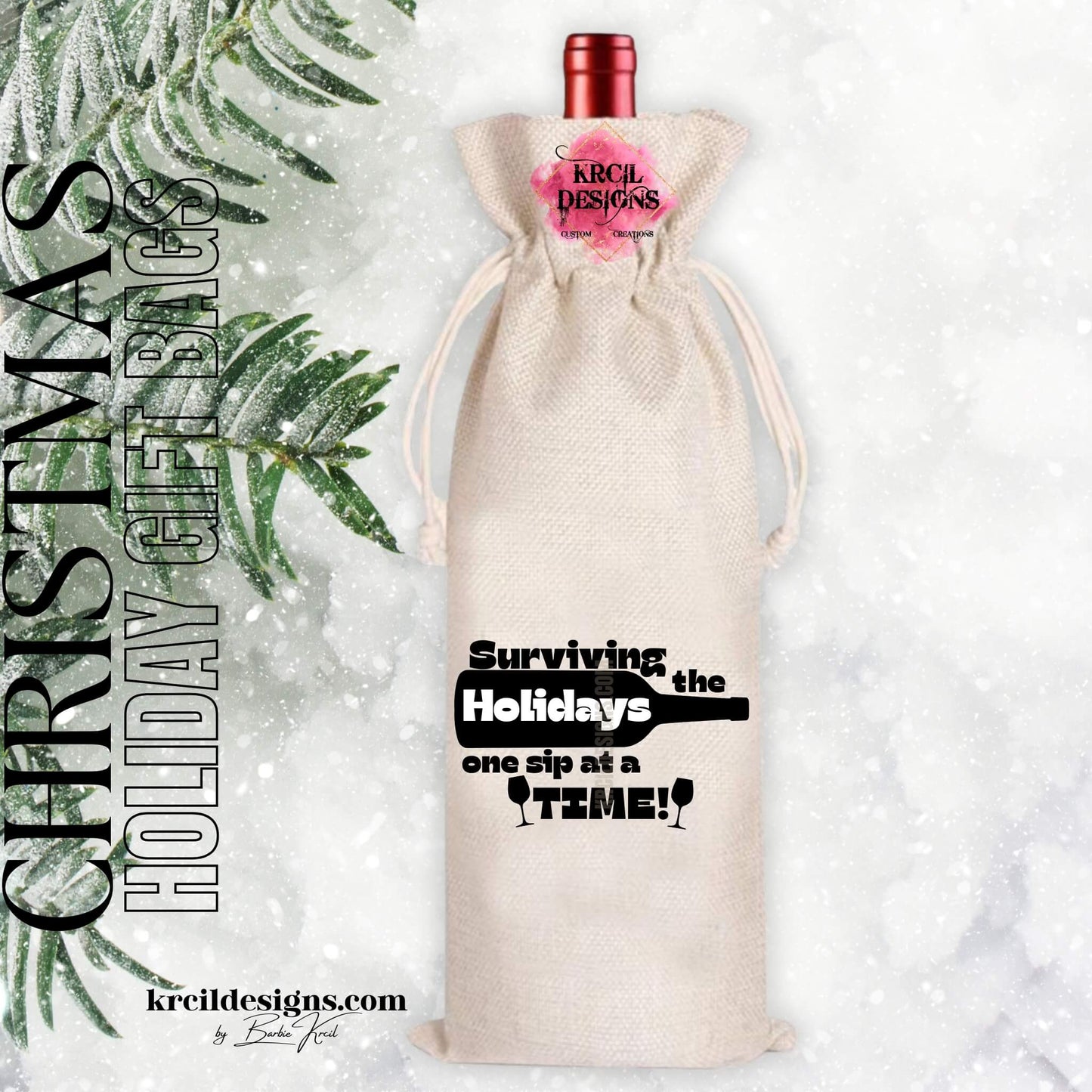 Funny Christmas Gifts Surviving The Holidays One Sip At A Time Christmas Wine Tote Bag — Funny Holiday Party Gifts — Fits 750ml Bottles and Our Skinny Tumblers — Krcil Designs, Gillette, WY