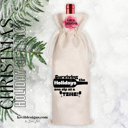 Funny Christmas Gifts Surviving The Holidays One Sip At A Time Christmas Wine Tote Bag — Funny Holiday Party Gifts — Fits 750ml Bottles and Our Skinny Tumblers — Krcil Designs, Gillette, WY