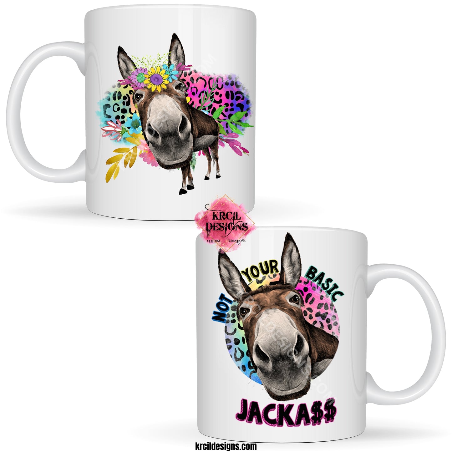 Donkey Mug "Not Your Basic JACKA$$" Donkey Coffee Cup by Krcil Designs | Let our custom coffee cups do the talking with our collection of personalized coffee cups. Personalize It - add name, monogram, make a one-of-a-kind picture collage photo cup - the picture-perfect present! Add our dish cloth and tea towel set, perfectly paired with our cups and mugs. For the ultimate coffee lovers gift, explore our sets and bundles. KrcilDesigns.com