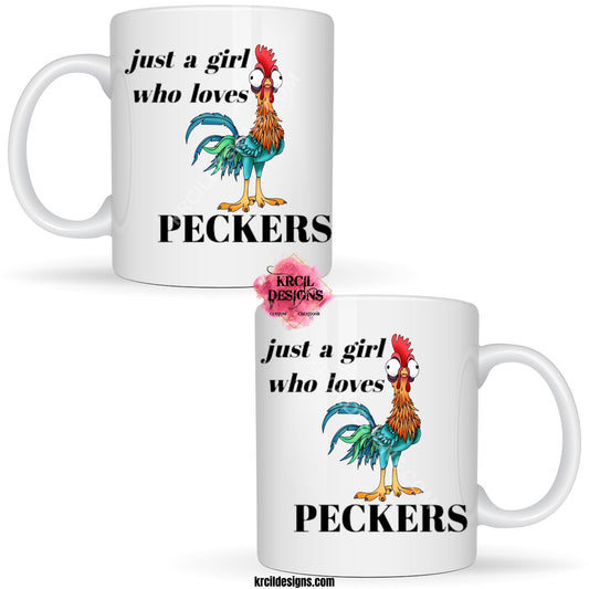 Chicken Lover Mug just a girl who loves PECKERS  Rooster Coffee Cup by Krcil Designs | Let our custom coffee cups do the talking with our collection of personalized coffee cups. Personalize It - add name, monogram, make a one-of-a-kind picture collage photo cup - the picture-perfect present! Add our dish cloth and tea towel set, perfectly paired with our cups and mugs. For the ultimate coffee lovers gift, explore our sets and bundles. KrcilDesigns.com