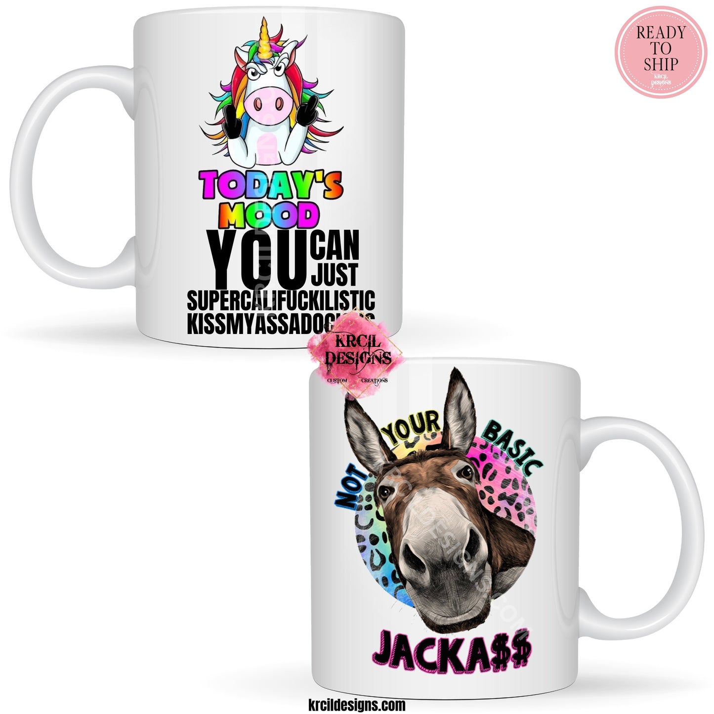 Unicorn "Today's Mood" | Donkey "Not Your Basic Jackass" | Uni-Donk Duo Coffee Cup by Krcil Designs | Let our custom coffee cups do the talking with our collection of personalized coffee cups. Personalize It - add name, monogram, make a one-of-a-kind picture collage photo cup - the picture-perfect present! Add our dish cloth and tea towel set, perfectly paired with our cups and mugs. For the ultimate coffee lovers gift, explore our sets and bundles. KrcilDesigns.com