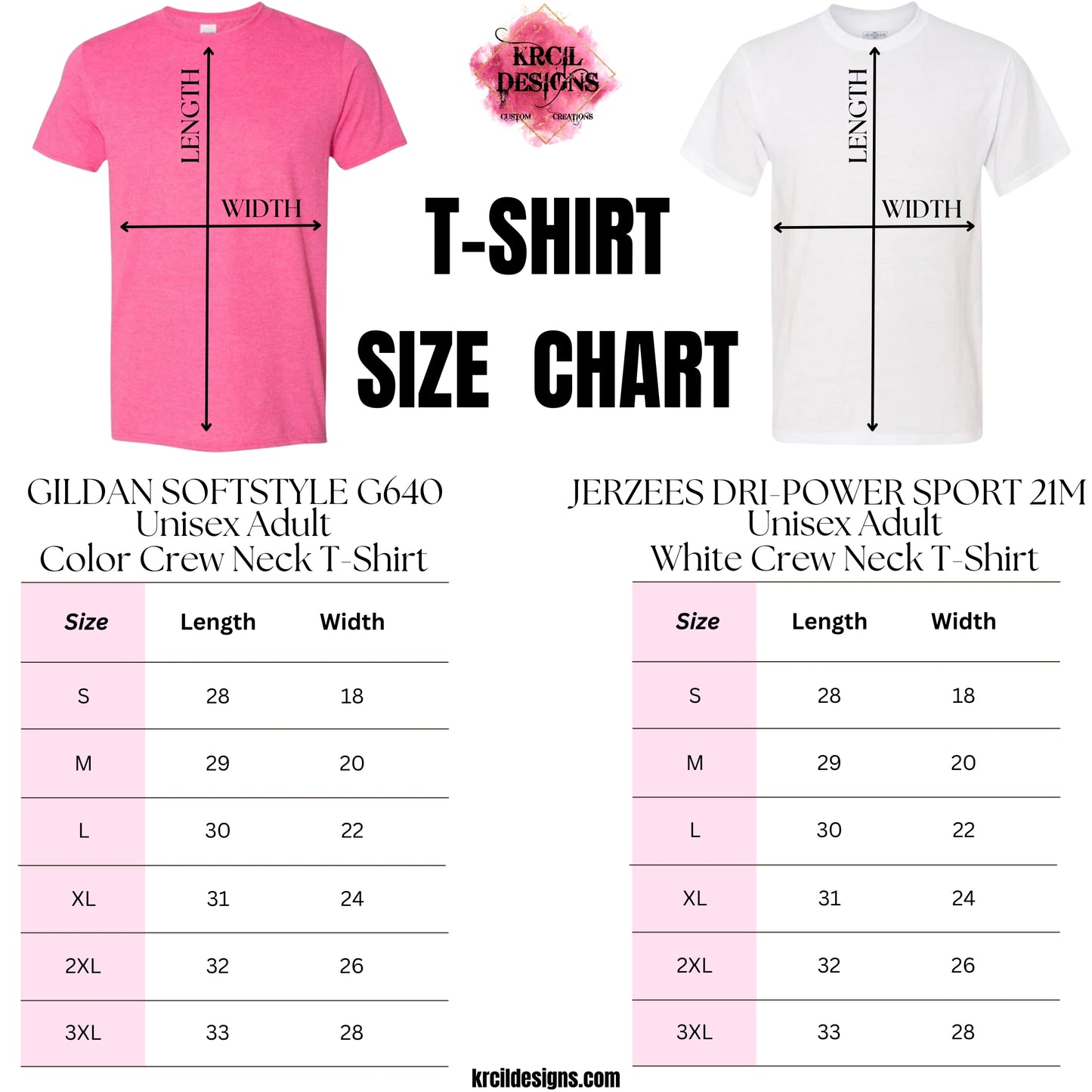 Unisex T-Shirts Size Chart | Design Your Own T-Shirt with Krcil Designs! | Custom T-Shirts, picture tees, photo t-shirts, sarcastic funny tees, special occasion t-shirts, birthday t-shirts, bride-to-be bride tribe t-shirts. Brand your business with our business logo t-shirts they make great business promotional products. Our unisex t-shirts are soft, cozy, cotton/poly blend, we offer a wide selection of colors and styles. Give the ultimate gift, add a cup, accessorize with a tote bag! KrcilDesigns.com