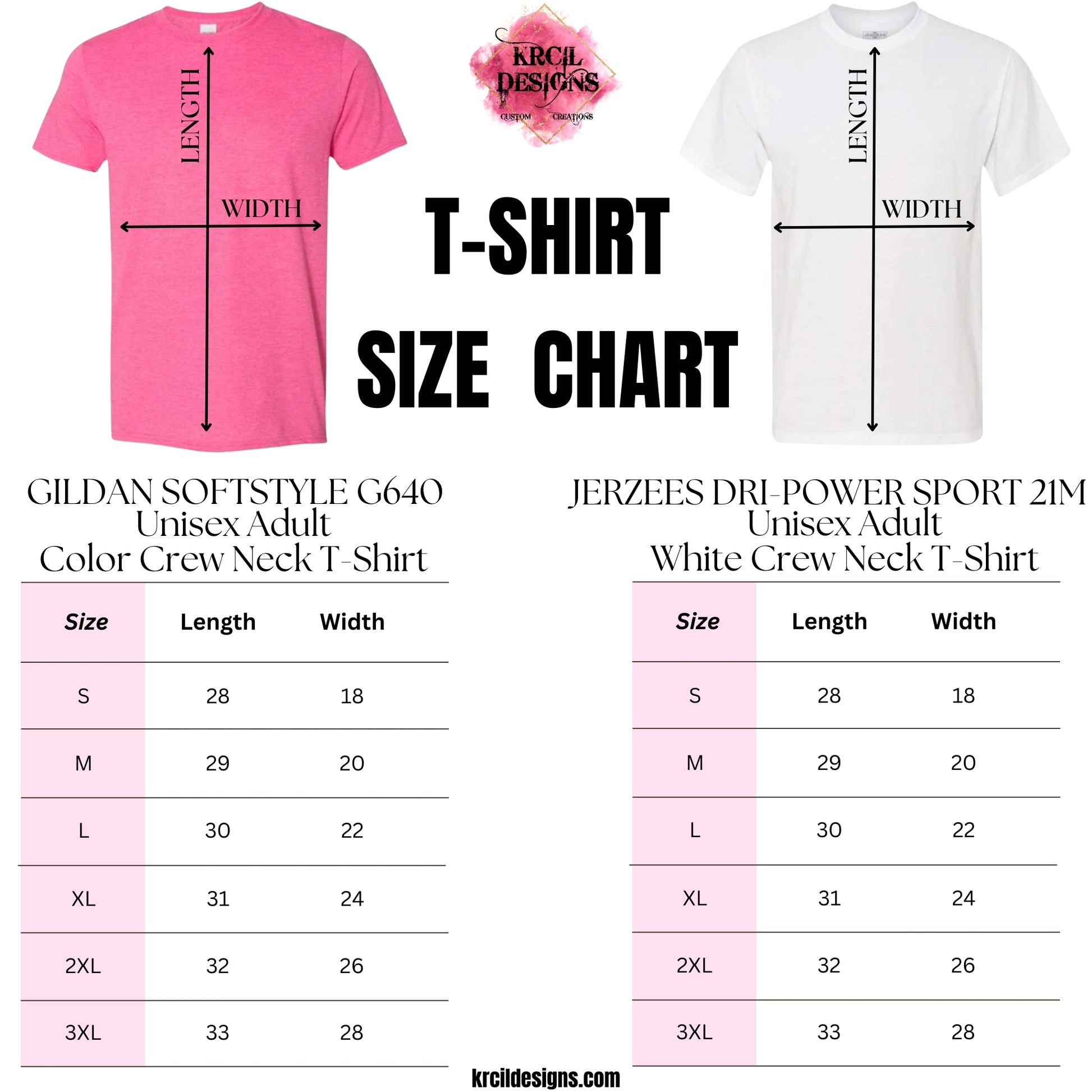 Unisex T-Shirts Size Chart | Design Your Own T-Shirt with Krcil Designs! | Custom T-Shirts, picture tees, photo t-shirts, sarcastic funny tees, special occasion t-shirts, birthday t-shirts, bride-to-be bride tribe t-shirts. Brand your business with our business logo t-shirts they make great business promotional products. Our unisex t-shirts are soft, cozy, cotton/poly blend, we offer a wide selection of colors and styles. Give the ultimate gift, add a cup, accessorize with a tote bag! KrcilDesigns.com