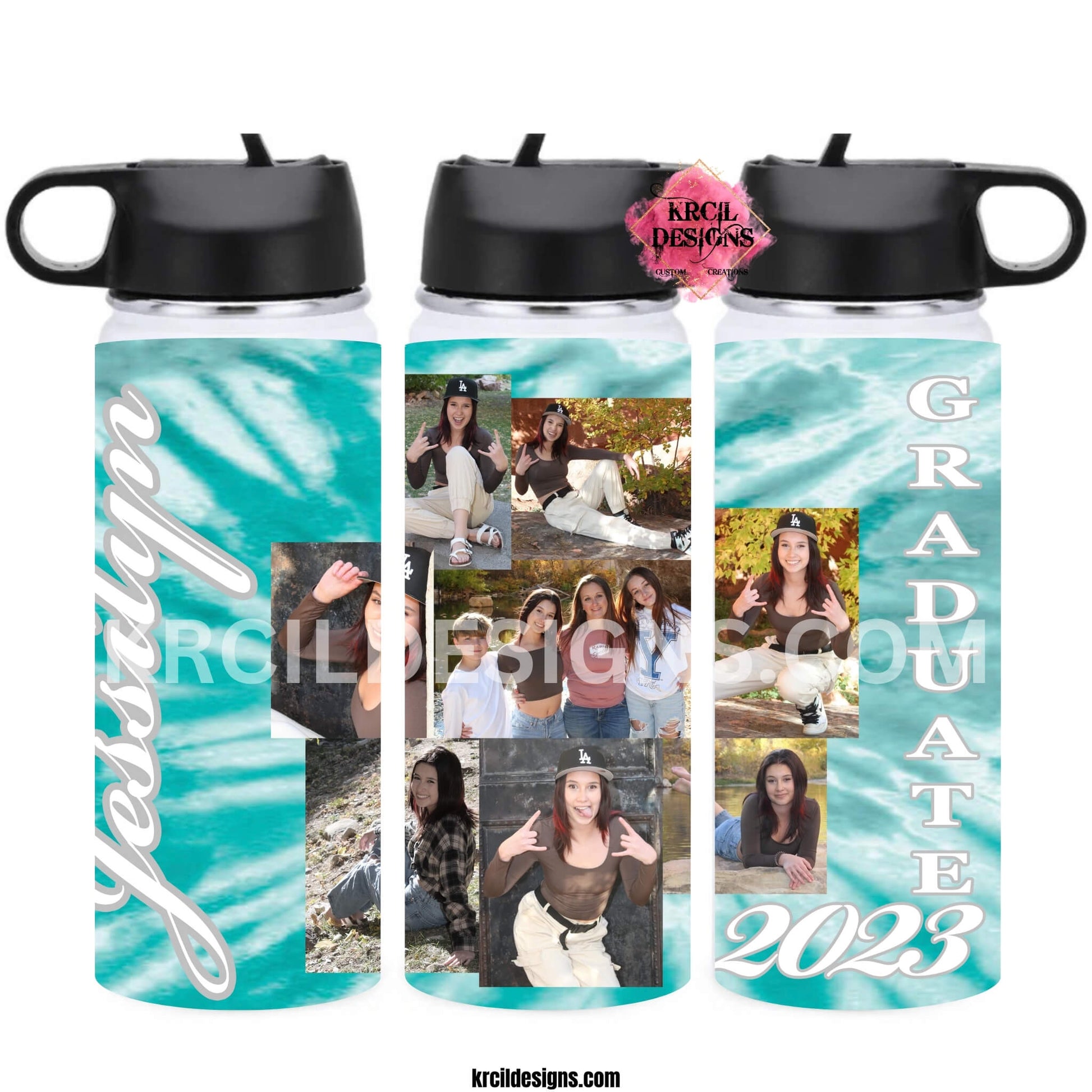 Graduate with Photo Collage Graduation Water Bottle by Krcil Designs | Show off your school spirit with our hydro water bottle! This custom water bottle features a photo collage of senior pictures, graduation year, name, add your own backdrop, school mascot, or school colors, for a one-of-a-kind personalized water bottle. Hydrate in style with our stainless steel water bottle—perfect for on-the-go hydration! H2O To Go! Shop Graduation Gifts at KrcilDesigns.com