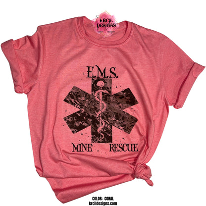 EMS Mine Rescue Custom T-Shirt by Krcil Designs | Design Your Own T-Shirt with Krcil Designs! | Custom T-Shirts, picture tees, photo t-shirts, sarcastic funny tees, special occasion t-shirts, holiday and birthday t-shirts. Brand your business with our business logo t-shirts they make great business promotional products. Our unisex t-shirts are soft, cozy, cotton/poly blend, we offer a wide selection of colors and styles. Give the ultimate gift, add a cup, accessorize with a custom tote bag! KrcilDesigns.com