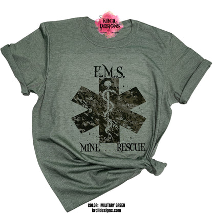 EMS Mine Rescue Custom T-Shirt by Krcil Designs | Design Your Own T-Shirt with Krcil Designs! | Custom T-Shirts, picture tees, photo t-shirts, sarcastic funny tees, special occasion t-shirts, holiday and birthday t-shirts. Brand your business with our business logo t-shirts they make great business promotional products. Our unisex t-shirts are soft, cozy, cotton/poly blend, we offer a wide selection of colors and styles. Give the ultimate gift, add a cup, accessorize with a custom tote bag! KrcilDesigns.com