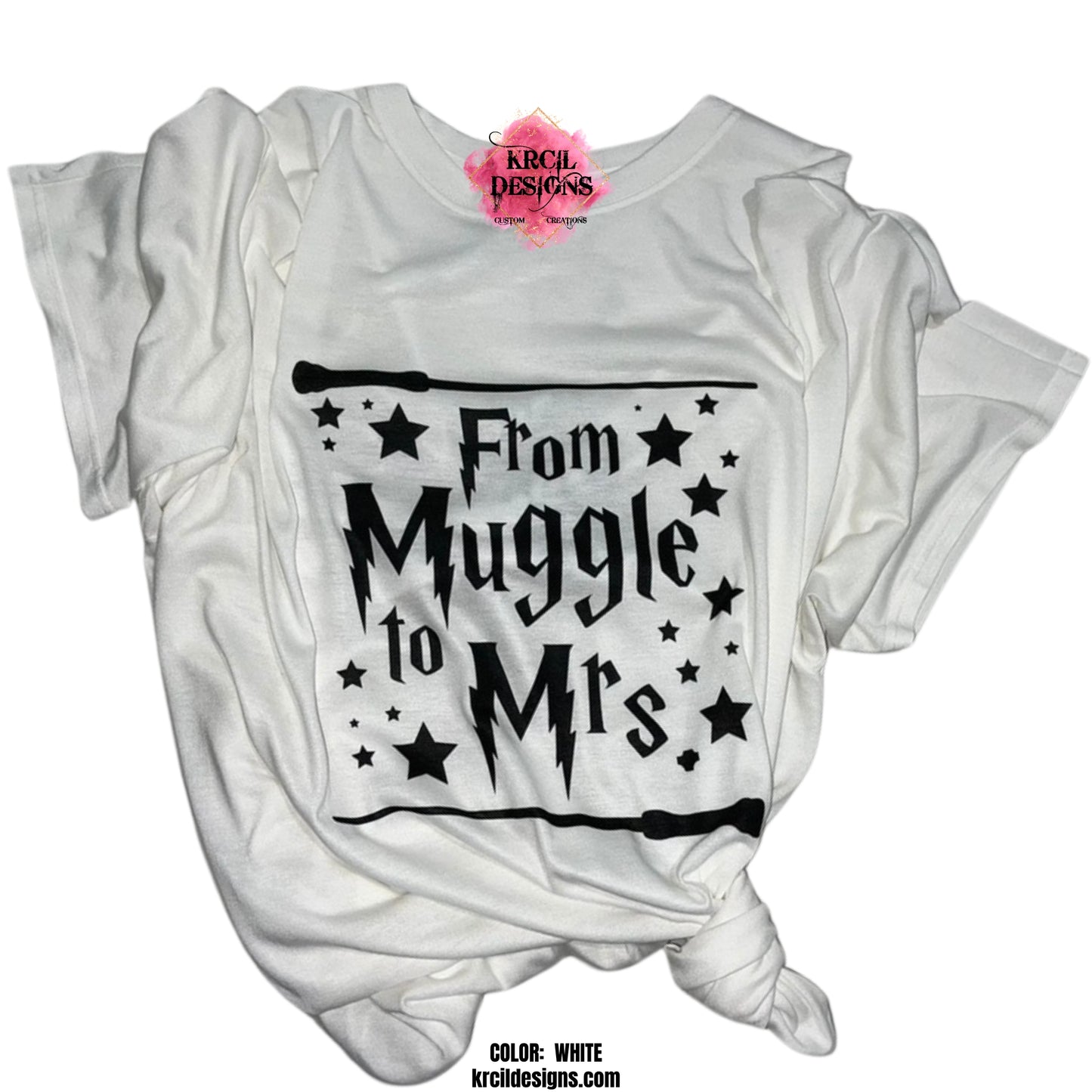 From Muggle to Mrs. Bride-To-Be Tee | Harry Potter Custom Bachelorette T-Shirt by Krcil Designs | Calling all Muggles! This Harry Potter custom t-shirt is perfect for bride-to-be’s bachelorette party, bridal shower, bridal party, the bride tribe, or the upcoming wedding party. Featuring the jazzy slogan, “From Muggle to Mrs.” in bold black letters, it's a must-have for any Harry Potter fan. It’s perfect for a night out with your bridesmaids or as a fun addition to your bridal shower outfit. KrcilDesigns.com