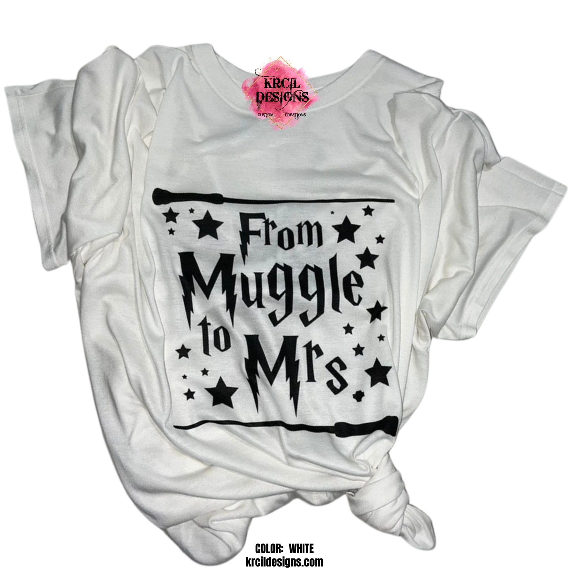 From Muggle to Mrs. Bride-To-Be Tee | Harry Potter Custom Bachelorette T-Shirt by Krcil Designs | Calling all Muggles! This Harry Potter custom t-shirt is perfect for bride-to-be’s bachelorette party, bridal shower, bridal party, the bride tribe, or the upcoming wedding party. Featuring the jazzy slogan, “From Muggle to Mrs.” in bold black letters, it's a must-have for any Harry Potter fan. It’s perfect for a night out with your bridesmaids or as a fun addition to your bridal shower outfit. KrcilDesigns.com