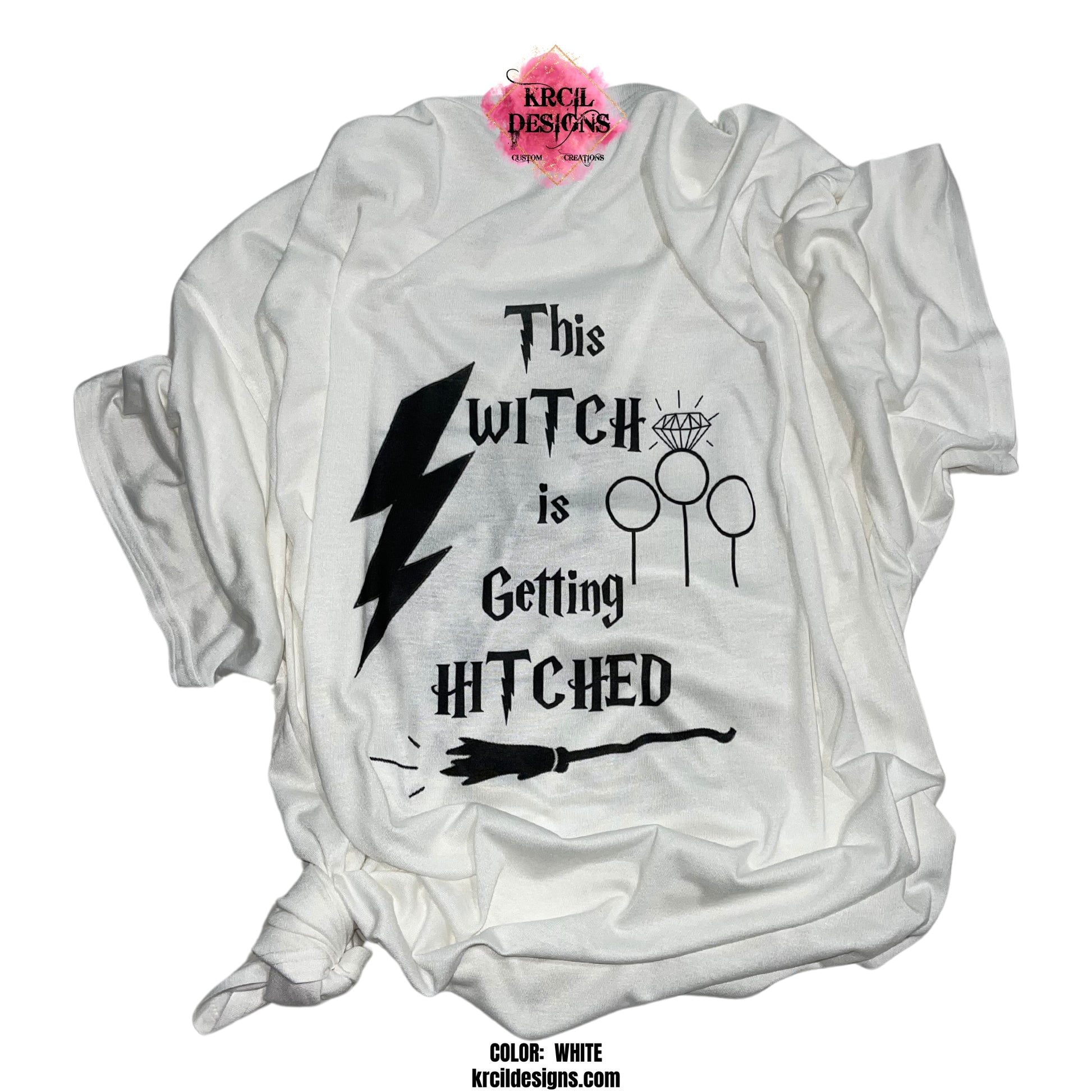 "This WITCH is Getting HITCHED" Bride To Be Tee | Harry Potter Custom Bachelorette T-Shirt by Krcil Designs | This Harry Potter custom t-shirt is perfect for a bride-to-be's bachelorette party! Featuring the spellbinding slogan "This WITCH is Getting HITCHED" in bold black letters and features the iconic lightning bolt, broomstick, and Quidditch hoops topped with a diamond make this shirt a magical masterpiece. The bride-to-be will feel like a true witchy queen. KrcilDesigns.com