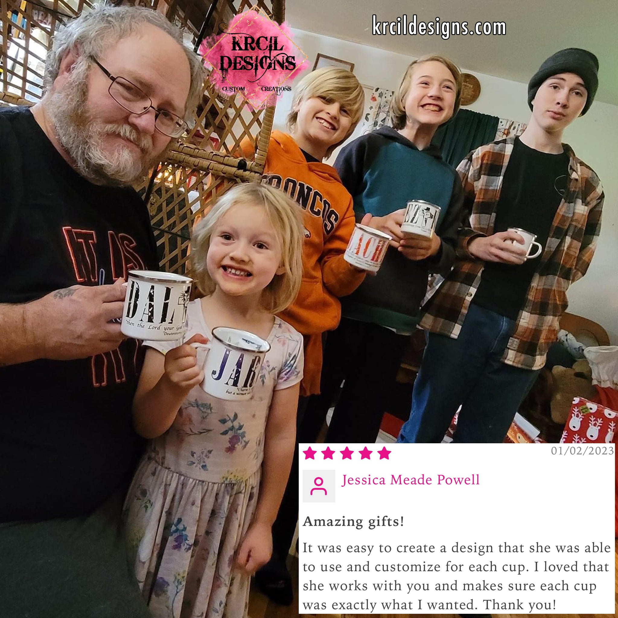 5 ⭐️ ⭐️ ⭐️ ⭐️ ⭐️ Amazing Gifts! It was easy to create a design that she was able to use and customize for each cup. I loved that she works with you and makes sure each cup was exactly what I wanted. Thank you! -Jessica Meade Powell Customer Review KrcilDesigns.com